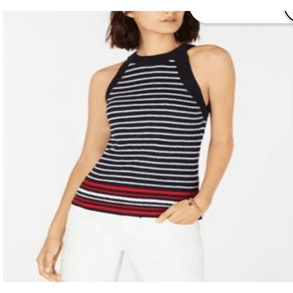 WOMENS TOMMY HILFIGER SLEEVELESS SWEATER TOP TANK RED WHITE BLUE SEXY VEST L - Picture 1 of 1